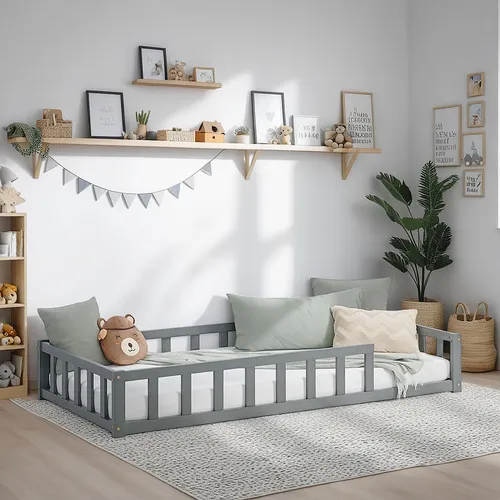 Homestyle4u Kinderbett Grau mit Rausfallschutz 90x200 cm - Bodenbett im Montessori-Stil aus massivem Kiefernholz, mit niedriger Liegefläche für zusätzliche Sicherheit und Selbstständigkeit. Ideal für gemütliche Nächte und entspannte Rückzugsorte im Kinderzimmer.