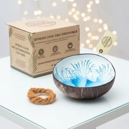 cocovibes Kokosnuss Schale mit Anti-Kipp-Ring, einsetzbar als Dekoschale, Schlüsselschale, Schmuckschale – blau weiß, 13 cm (SAPPHIRE-1)