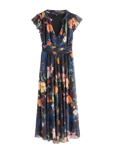 Next Plissiertes Mesh-Midikleid mit V-Ausschnitt in Navy Blue - Elegantes Midikleid aus recyceltem Material, ideal für besondere Anlässe oder den Alltag. Größe 46 (GB: 18) bietet perfekten Sitz.