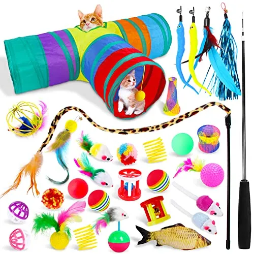HEPAZ 30 Stück Katzenspielzeug,Katzen Spielzeug,3-Wege Pet Play Tunnel Tube für Kätzchen,Federspielzeug,Plüschspielzeug,Spielzeugmäuse Katzen Spielzeug Variety Pack für Kitty Katzen