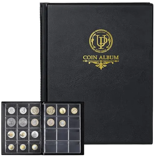 Münzalbum mit 120 Fächern – Münzsammelbuch mit 10 Seiten, 45 x 43 mm Gitterhalter für Pfund, Pence, Cent, Dollar, Nickel (schwarz) CS48120BK