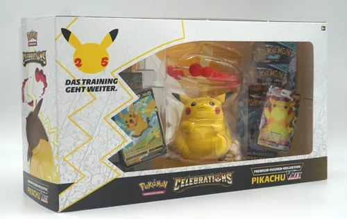 Pokemon 25th Anniversary Celebrations Pikachu Vmax Premium Figuren Kollektion - TCG OVP Displays, limitierte Auflage zur Feier des 25. Jubiläums mit exklusiven Karten und Charakteren wie Pikachu und Glurak – ein Muss für Sammler!