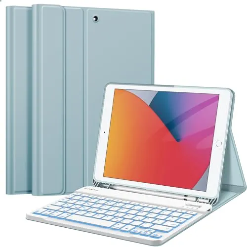FINTIE Tastatur Hülle für iPad 9 8 7 Generation - Tastatur mit 7-farbiger Hintergrundbeleuchtung und abnehmbarer Bluetooth-Tastatur, ideal für komfortables Tippen und maximalen Schutz für Ihr iPad 10.2 Zoll.