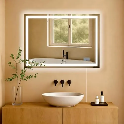 CLP Badspiegel Jaffrey mit dimmbarer LED-Beleuchtung - Moderner Badspiegel (50x70 cm) mit 3 Lichtmodi und Anti-Beschlag-Funktion. Ideal für feuchte Räume, leicht zu bedienen durch Touch-Schalter.