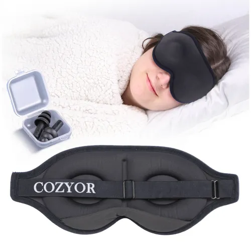 Cozyor Schlafmaske 100% Blackout-Effekt 3D Augenmaske mit ergonomischem Design, Reiseset klein & kompakt anthrazit dunkelgrau, 2-tlg., Schlafmaske mit wiederverwendbaren Ohrstöpseln, extra Polsterung und variable Passform