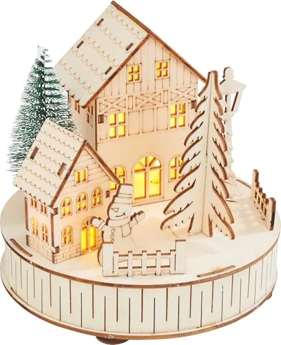 VBS Holzbausatz Lichterlandschaft mit Häusern inkl. Beleuchtung 28 Teile Häuser DIY Bastelset Dekoration Weihnachten Advent Winterlandschaft LED Batteriebetrieben