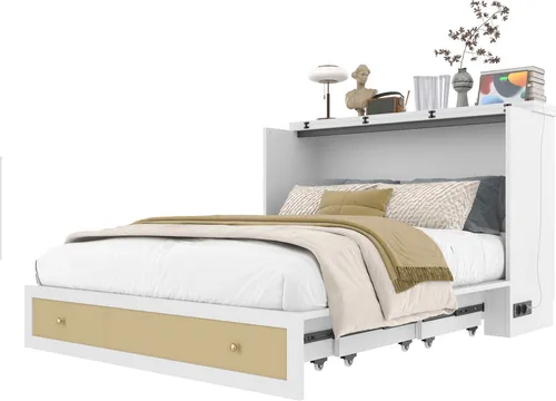 Platzsparendes Schrankbett mit Mehrfachsteckdose, 140x200 cm - Wandklappbett aus massivem Kiefernholz, ideal für kleine Räume mit 4-in-1 Mehrfachsteckdose (2 Steckdosen, USB, Type-C). Perfekt als Gäste- oder Jugendbett.