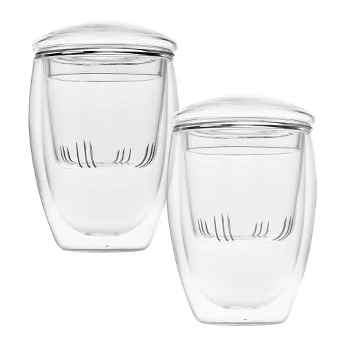Doppelwandiges Teeglas 350 ml, 2-er Set Thermogläser mit Sieb und Deckel aus Glas, ohne Henkel. Gläser für Kaffee oder Tee, mit Deckel als Untersetzer für Sieb oder Teebeutel. Modernes Design