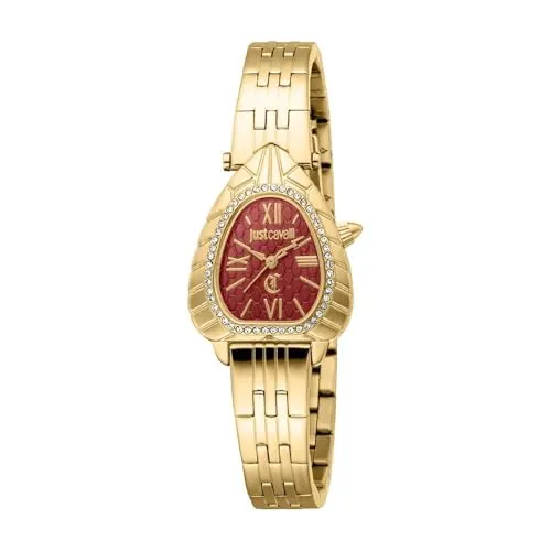 Just Cavalli Damen Analog Quarz Uhr JC1L366M0065 - Elegante Armbanduhr für Damen mit ovalem Gehäuse aus Gelbgold und rotem Zifferblatt. Wasserfest und mit zuverlässigem Quarzwerk, ideal für modebewusste Frauen.