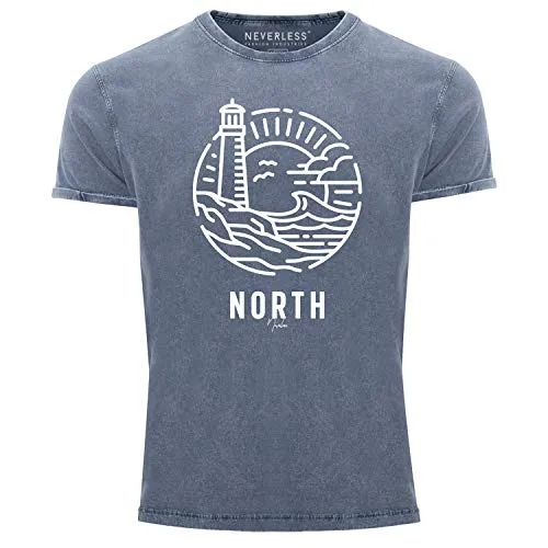 Neverless® Herren T-Shirt Vintage Shirt Printshirt Logo Outline Art maritim Leuchtturm Welle Aufdruck Used Look Slim Fit blau XXL