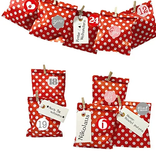 Frau WUNDERVoll® DIY ADVENTSKALENDER BESCHERUNG zum Befüllen, rot Punkt, Ziffern rosa-rot, Papiertueten flach 13x16,5cm / Weihnachten, Papiertüten, Kinder, Zahlen, Geschenkbeutel, Aufkleber