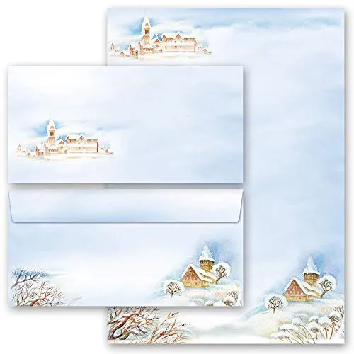 Briefpapier Set, 20 tlg. Natur & Landschaft, WINTERLANDSCHAFT 10 Blatt Briefpapier + 10 passende Briefumschläge DIN LANG ohne Fenster | Paper-Media