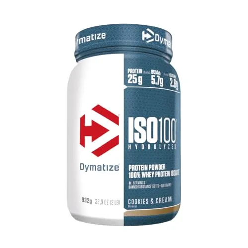 Dymatize ISO 100 Hydrolyzed Cookies & Cream 932g - Premium Whey Protein - Molkenproteine mit 25g hochwertigem Eiweiß pro Portion, glutenfrei und ideal für Sportler, die auf Kalorien und Qualität achten.
