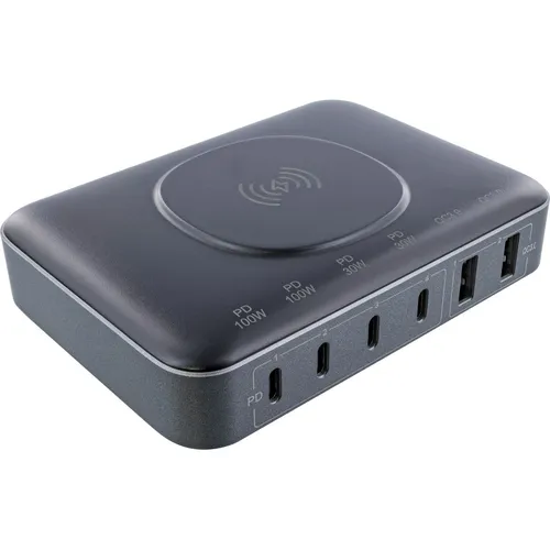 InLine Qi Powerstation 6-Port - 100W Schnellladegerät - Audio & Video Adapter mit 4x USB-C und 2x USB-A. Genießen Sie blitzschnelles Laden dank GaN-Technologie und 15W Wireless Charging für alle Ihre Geräte.
