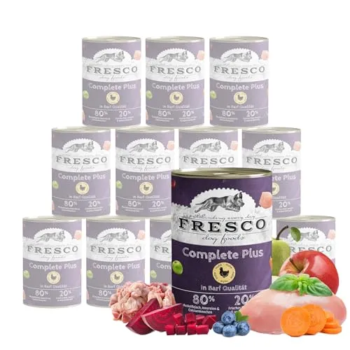 Fresco Complete Plus Huhn 400 g - 12 Stück für Hunde - Hochwertige Hundenahrung mit 23 % Hühnerfleisch, reich an natürlichen Zutaten. Ideal für eine ausgewogene Ernährung und voller Geschmack!