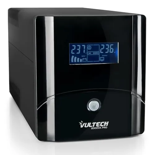 Vultech UPS2000VA-PRO Line Interactive - Unterbrechungsfreie Stromversorgung mit 2000 VA, ausgestattet mit LCD-Display und mehreren Anschlussmöglichkeiten für zuverlässigen Schutz bei Stromausfällen.