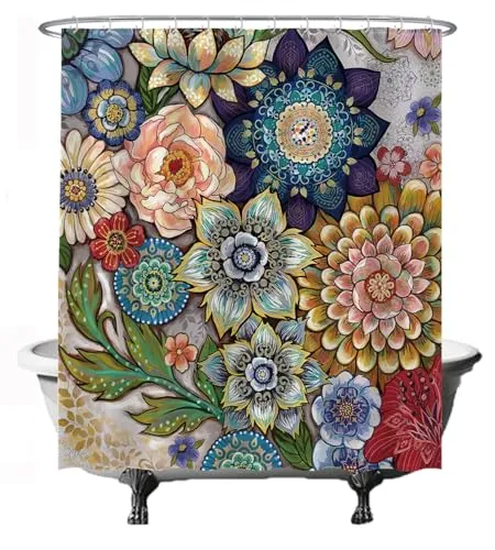 Ulticool Duschvorhang - Bunte Blumen Natur Kunst - 180 x 200 cm – Waschbar – Anti Schimmel - Wasserdicht - mit 12 Ringe - Rot Grün Blau Braun Gelb