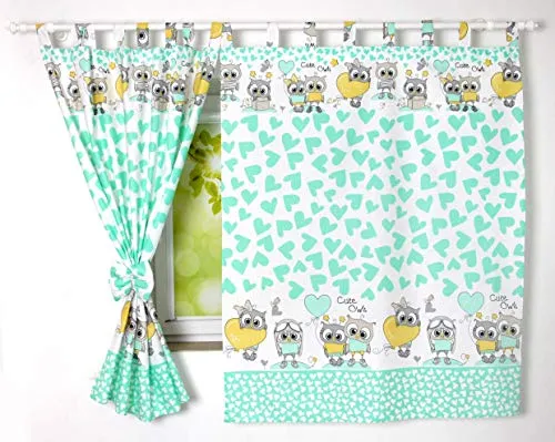 BABYLUX Kinderzimmer VORHANGE mit Schlaufen Kinder und Baby Gardinen 2x 120x160 cm (104. Eule Minze)