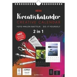 Alpha Fotokalender 160699, Kreativkalender 2026 - Basteln & Handarbeiten: Kreativer A4 Fotokalender zum Selbstgestalten mit 12 Seiten, inkl. Stickerbogen und Platz für persönliche Fotos und Notizen. Ideal für individuelle Gestaltung!
