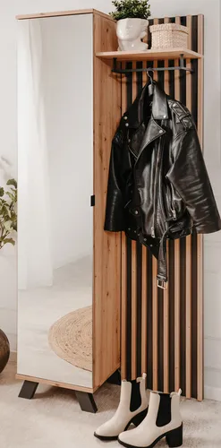 Kompaktgarderobe Madem in Eiche und Grau - Drohnen - Stilvolle Kompaktgarderobe mit Spiegel und 3D-Lamellen im Industrial Design, ideal für kleine Eingangsbereiche und optimalen Stauraum.