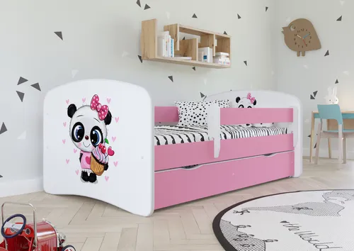 Kinderbett Jugendbett 70x140 cm Rosa mit Matratze Rausfallschutz Schublade und Lattenrost Kinderbetten für Mädchen und Junge - Panda