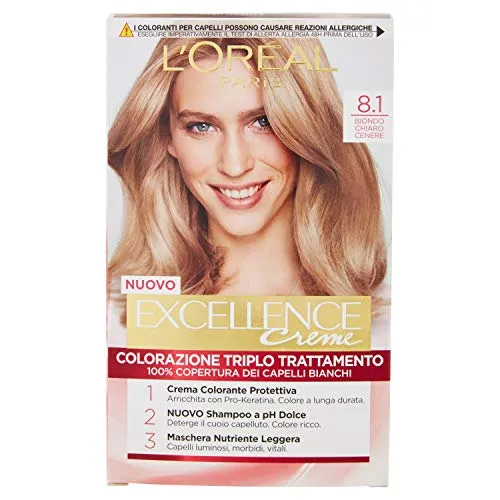 L'Oréal Paris Permanente Haarfarbe, 100 Prozent Grauhaarabdeckung, Haarfärbeset mit Coloration, Shampoo und 3-Fach Pflege Creme Farbe, Excellence Crème 8.1 Kühles Blond