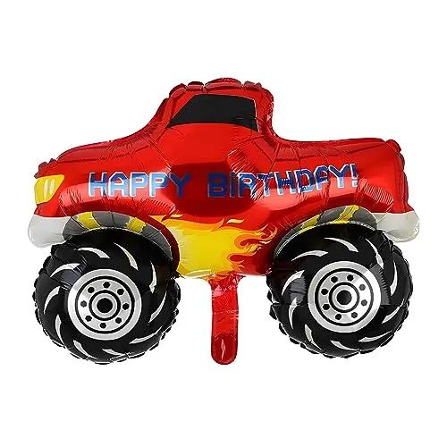 Folienballon mit Fahrzeug Motiv, Monstertruck Design in Rot, Happy Birthday Schriftzug, Ideal für Kindergeburtstage, ca. 74 * 57,5 cm, Luft- oder Heliumbefüllung möglich, Party Dekoration