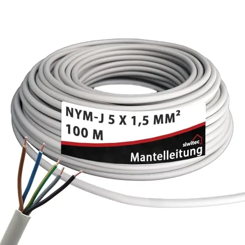 siwitec NYM-Kabel 5x1,5 mm², 100 m – Stromkabel für feste Verlegung - Das siwitec NYM-Kabel 5x1,5 mm² ist ideal für die feste Verlegung in verschiedenen Installationen. Mit 100 m Länge und robustem PVC-Mantel bietet es zuverlässige Leistung in Trocken-, Feucht- und Nassräumen.