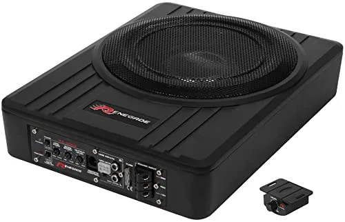 Renegade RS1000A - 25 cm Aktiv-Subwoofer-System - Car-HiFi-Lautsprecher mit 250 Watt Hochleistungs-Endstufe, ideal für kraftvollen Bass in kompaktem Design (26,5 x 8,0 x 37,0 cm) und einfache Installation durch HighLevel Input.