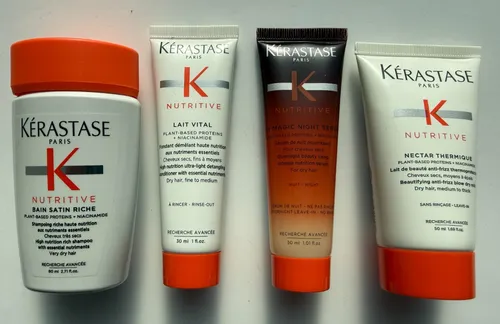 Kerastase Nutritive Set – Lait Vital + Bain Satin + Nectar Thermique + 8 H Magic - Pflegeset für alle Haartypen, bestehend aus feuchtigkeitsspendenden Produkten. Ideal für die tägliche Haarpflege und als Reisegröße, um Ihr Haar auch unterwegs optimal zu versorgen.