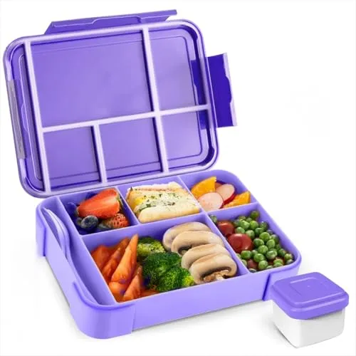 PUWOWYE Brotdose Kinder mit Fächern, Bento Box Kinder, 1330 ml Auslaufsicher Lunchbox Kinder, Brotbox für Mädchen & Jungen, geeignet für Schule, Kindergarten & Ausflüge BPA frei (Lila)