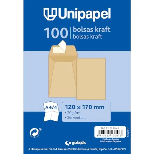 Unipapel Packung mit 100 Umschlägen, Kraftpapier, 70 g, 120 x 170 mm, gerader Verschluss mit selbstklebendem Streifen, Silikon, Autodesk, Öffnung oben, elegantes Büttenpapier, ideal für Bürodokumente