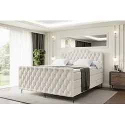 ALTDECOR Boxspringbett mit Stauraum und Topper in Creme - Komfortables Boxspringbett mit zwei großen Bettkästen für optimalen Stauraum. Die Kombination aus Bonell- und Taschenfederung sorgt für eine individuelle Anpassung und hohen Schlafkomfort.