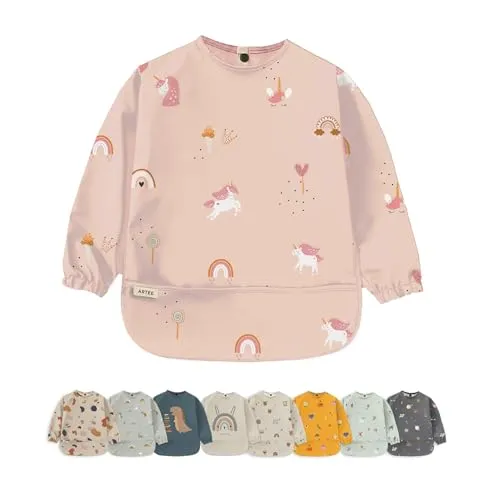 ARTEE Ärmellätzchen beschichtet wasserfest abwischbar Lätzchen mit Ärmeln, Baby, Wasserdichtes Lätzchen, ideal als Geschenk (Unicorns, M)