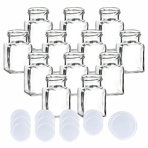 gouveo 12er Set Einmachgläser 150 ml eckig mit Schraubverschluss Weiss - Kleine Vorratsgläser mit Deckel - Leere Gewürzgläser, Marmeladengläser, Einkochgläser (EGE150W)