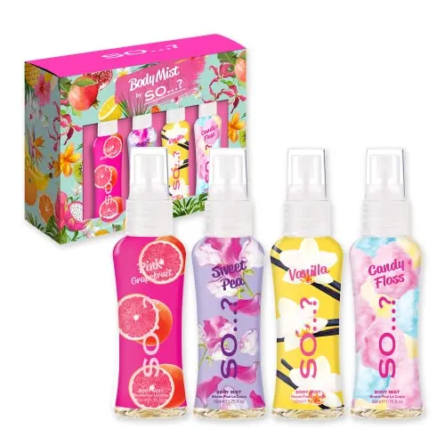 Body Mist By SO…? Mini-Nebel-Geschenkset für Damen, mit rosa Grapefruit, Vanille, Zuckerwatte und Zuckerwicke, Duftspray-Set (4 x 50 ml)