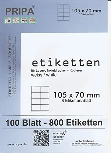 pripa - Etiketten 105 x 70 mm - 8 Stueck auf A4-100 Blatt DIN A4 selbstklebende Etiketten - DHL Post