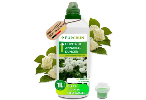 Purgrün Hortensie Annabell Dünger, NPK 8+8+6, 1 Liter Flüssigdünger - Blumendünger für Hortensien – Fördert kräftige Blüten und Wuchs durch Guano und Aqua Plus für optimale Wasserverteilung.