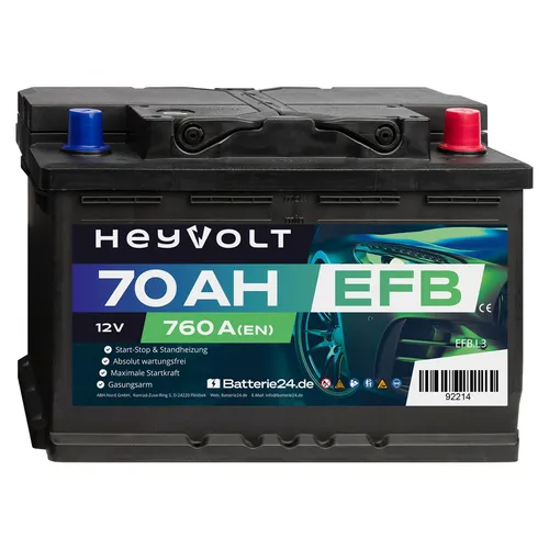 HeyVolt Autobatterie 70Ah EFB 760A 12V Starterbatterie, 570500076, N70, LED70