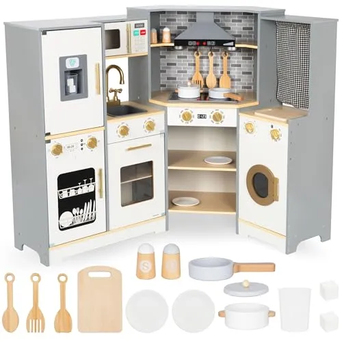 Mamabrum XXXL Interaktive Holzküche - LED-Beleuchtung, Zubehör und Eiswürfelspender für kreatives Kochen und fantasievolles Spielen