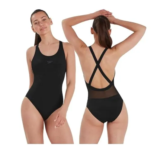 Speedo Damen Eco Endurance+ Power Cross Back Badeanzug | Athletische Passform | Klassisches Design | Recyclingmaterial | Chlorbeständig | Besonders flexibel Schwimmbekleidung, Schwarz, 32