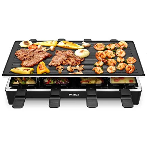 Cusimax Raclette Grill mit Reversible Grillpfanne, Steuerung Partygrill für 8 Personen,Stufenlos Regulierbare Temperatur, 8 Mini Pfännchen, Antihaftbeschichtung, CMRC-300, 1500W, Schwar