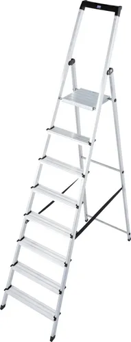 KRAUSE Stehleiter Solidy, 8 Stufen - Leiter mit Sicherheitsbügel und Ablage, rutschsichere Stufen für sicheren Auf- und Abstieg, max. Arbeitshöhe 370 cm, TÜV-geprüft und bis 150 kg belastbar - ideal für sichere Arbeiten in der Höhe.