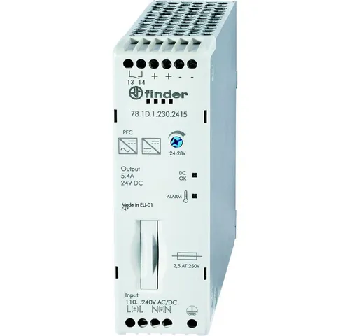 Finder 78.1D.1.230.2415 Hutschienen-Netzteil 24 V/DC 5.4A - Hocheffizientes Schaltnetzteil für DIN-Rail, mit einstellbarem Ausgang von 24-28 V DC und integriertem Thermoschutz für zuverlässigen Betrieb.