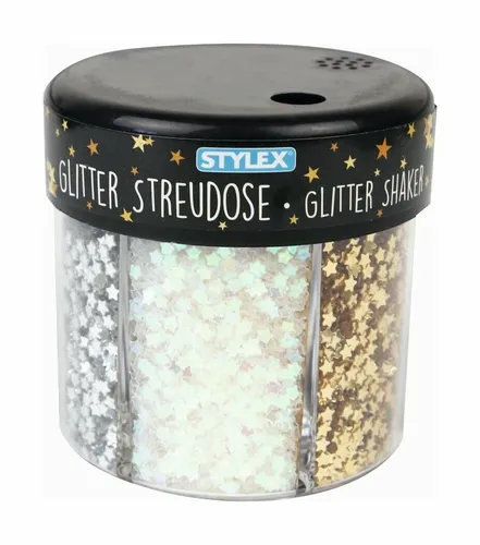STYLEX Glitter-Streudose 6 versch. Dekore Glitzer Sterne Herzen Streudeko
