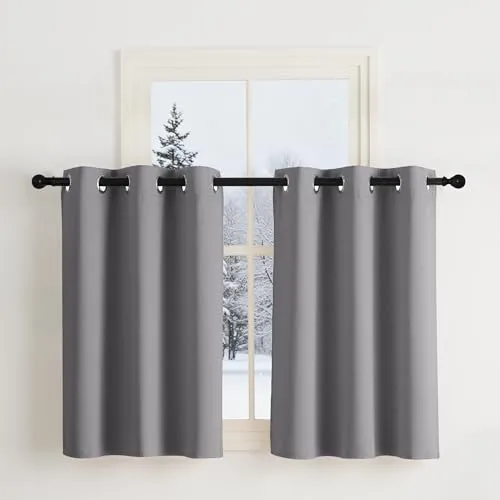 NICETOWN Scheibengardinen 90 cm Hoch Blickdichte Gardinen Grau mit Ösen 2 x H90 x B107 cm, Fenstervorhang Kurz Verdunklungsvorhänge Vorhänge Küchengardinen Thermovorhang