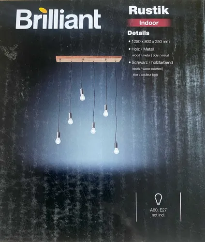 Brilliant 99542/76 Rustik Pendel Hänge Decken Leuchte - 6-flammige Pendelleuchte in Schwarz mit Holz-Elementen, ideal für rustikale Wohnräume und stimmungsvolle Beleuchtung.