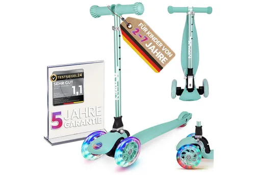 kinnaz ONE Premium Roller für Kinder ab 2 Jahren - Kinderscooter mit 5-fach höhenverstellbarem Lenker und batterielosen LED Rädern für mehr Sichtbarkeit. Klappbar und sicher für Kinder von 2-6 Jahren, ideal für Spaß und Erfolgserlebnisse.