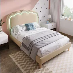 Polsterbett 90x200 Cm Mit Einstellbarem Led-kopfteil In Beige-leinen