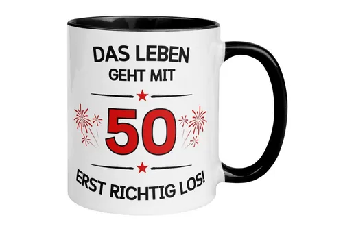 Momentals Tasse Geburtstag Geschenk Mann Frau 50 – „Das Leben geht erst richtig los“, Gratis Versand · Links-&Rechtshänder · Spülmaschinenfest